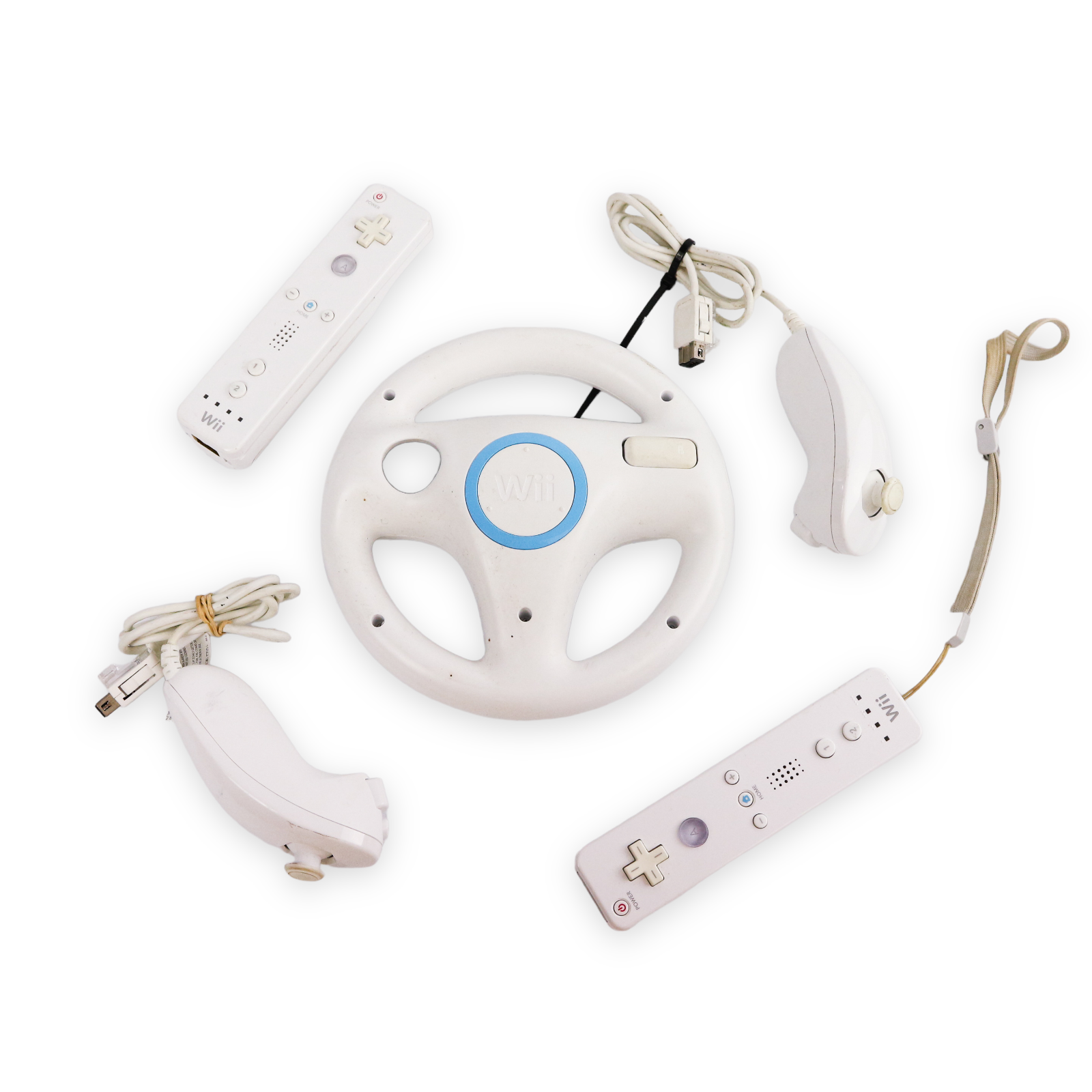 2x Genuine Nintendo Wii U / Wii White Controller Remotes + 1x Wheel