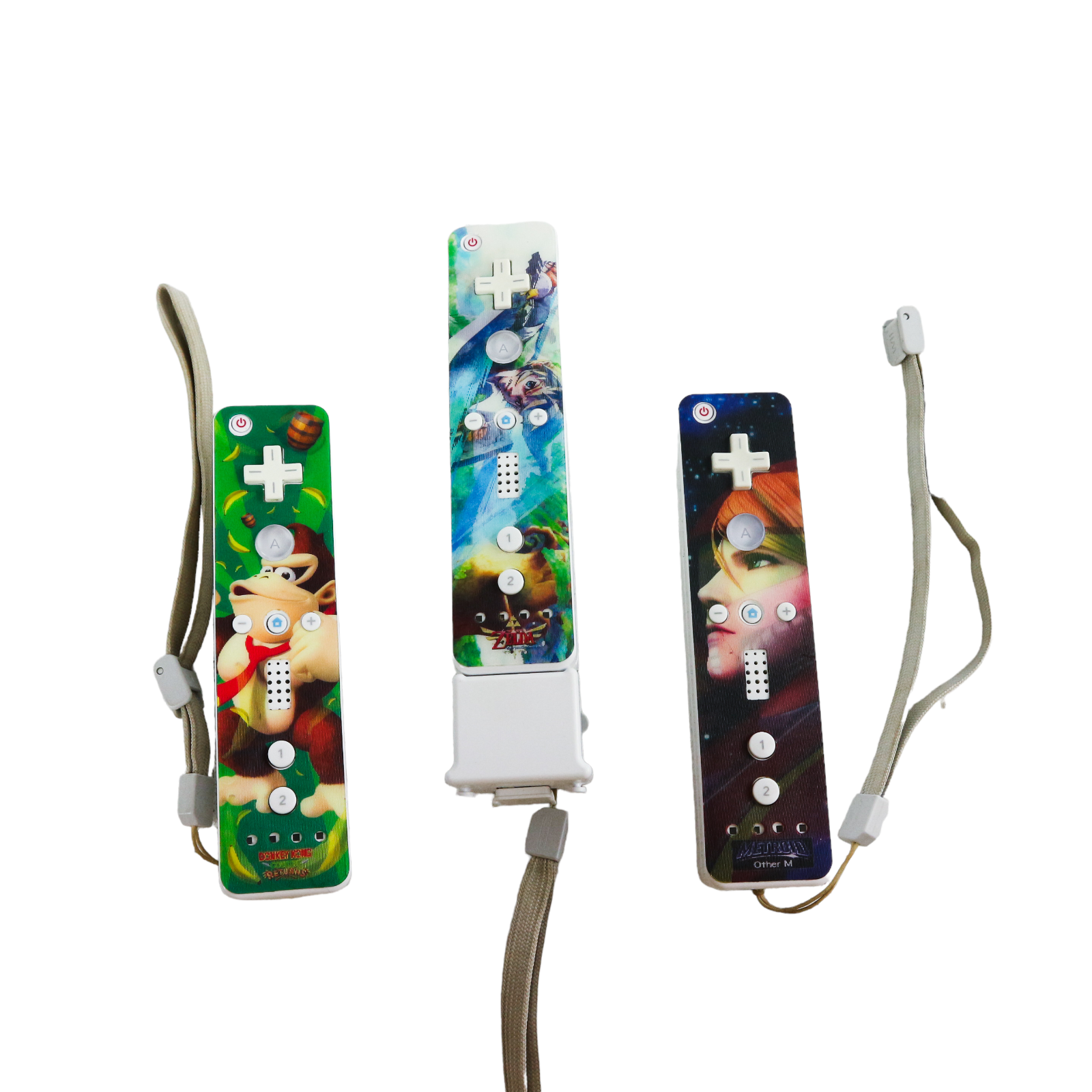 3x Nintendo Wii Remotes + Genuine Decorative Skin ( Donkey, Zelda, Metroid )