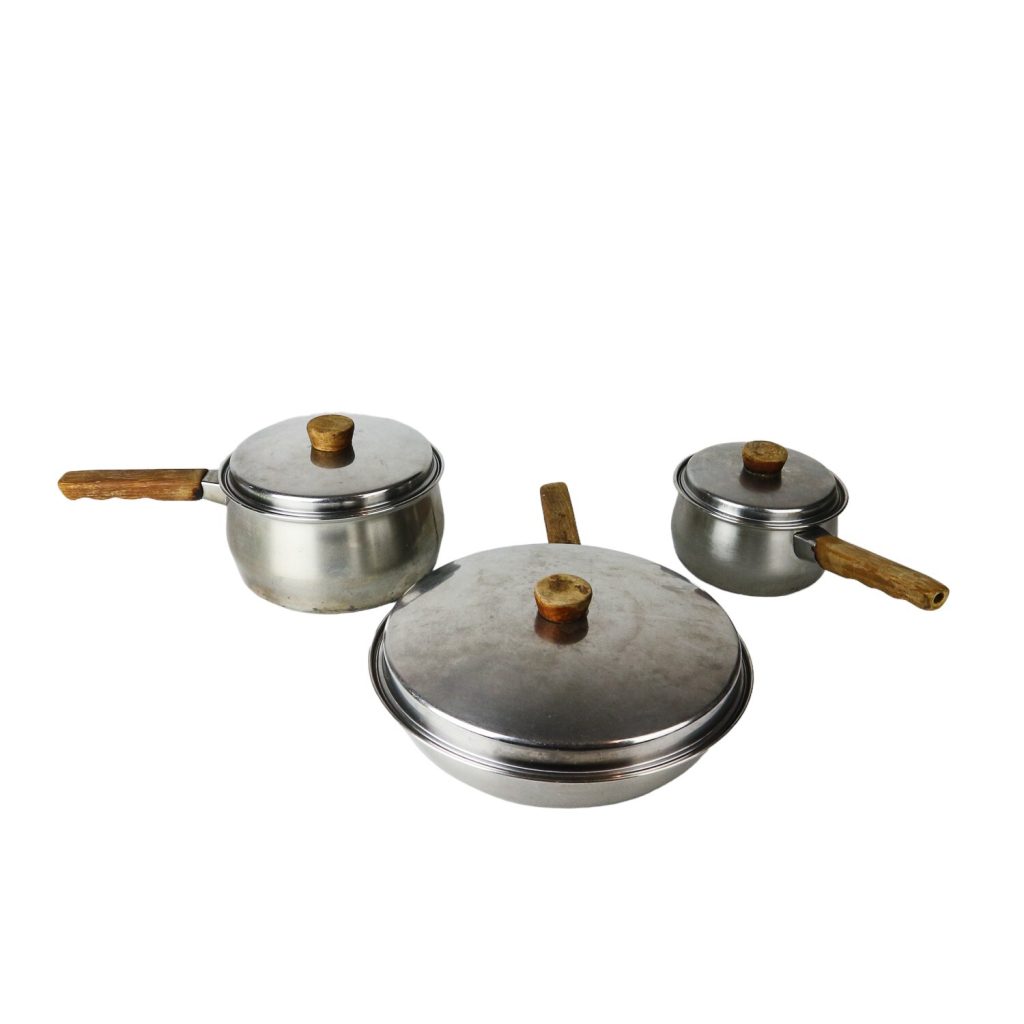 Set of 3 Vintage Prestige Copper Bottom Sauce Pan, Pan & small pot wood handle